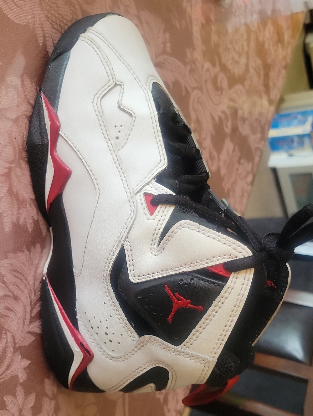 Jordan True Flight Big Kids White Black and Red Mid-Top Sneakers